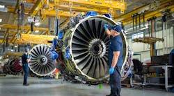 StandardAero technicians work on a CFM56 engine in the Winnipeg MRO facility.