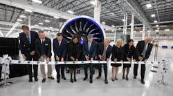 Pratt &amp; Whitney leaders celebrate the conclusion of major construction at its new Asheville facility. (L to R) Jack Cecil, President - Biltmore Farms; P&amp;W Asheville GM Dan Field; P&amp;W President Shane Eddy; North Carolina Secretary of Commerce Machelle Baker Sanders; North Carolina Governor Roy Cooper; Buncombe County Commission Brownie Newman; P&amp;W Chief Transformation Officer Jennifer Caruso; P&amp;W SVP Operations Raquel Rivera; Golden Leaf Foundation President Scott Hamilton.